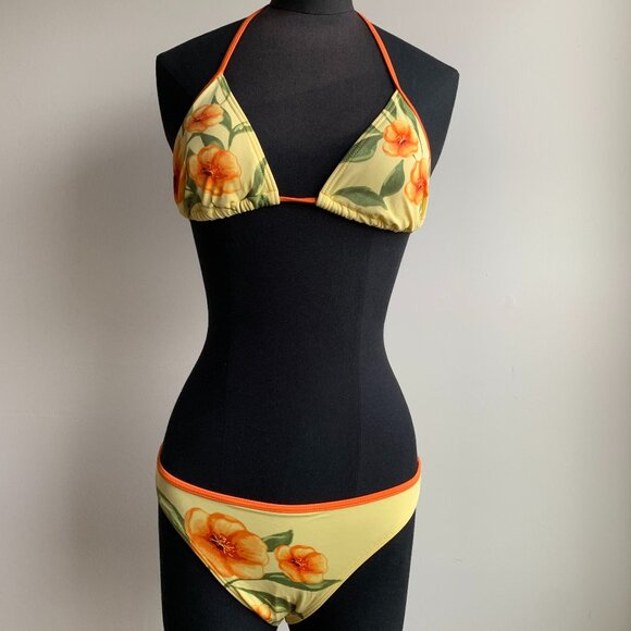 Billabong surf BLUE CRUSH era Vintage Orange & yellow floral triangle set RARE - Picture 2 of 7
